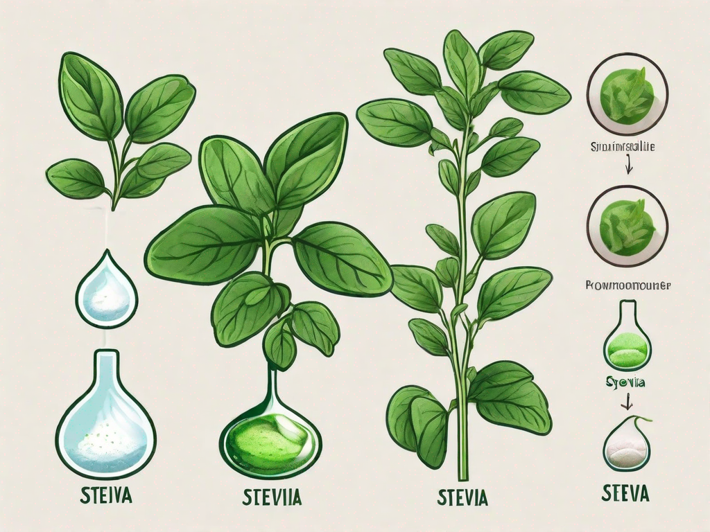 a stevia plant with its leaves being transformed into various forms of stevia-based products, such as liquid drops, powder, and tablets, to symbolize the versatile usage and benefits of stevia, hand-drawn abstract illustration for a company blog, white background, professional, minimalist, clean lines, faded colors